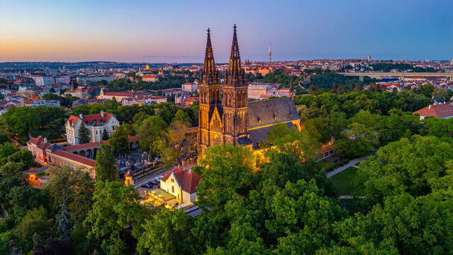 Sunset aerial view of Saints Peter and Paul Basilica at vysehrad