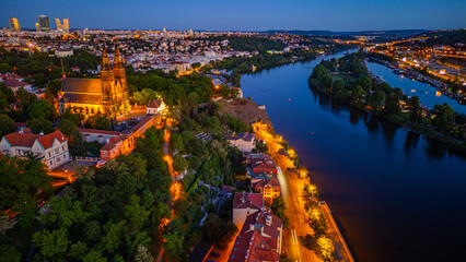 Sunset aerial view of Saints Peter and Paul Basilica at vysehrad