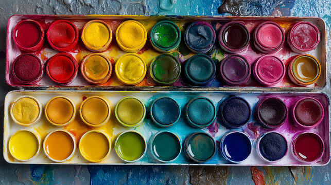 A vibrant watercolor palette with mixed colors showcasing artistic creativity, fluid pigments, and expressive tools for painting inspiration.