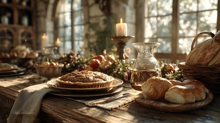 Fototapeta premium Festive Thanksgiving dinner setting with pie, bread, and seasonal decor near a large window