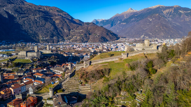 Panorama view of Bellinzona with Castelgrande and Castello di Mo