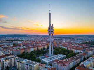 Obraz premium Sunset panorama view of Zizkov TV tower overlooking Prague, Czec