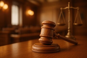 A Close-Up of a Wooden Gavel and Scales of Justice in a Courthouse Setting, Symbolizing Law and Order in a Judicial Environment
