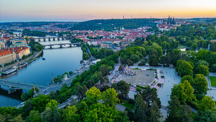 Fototapeta premium Sunset panorama view of Metronom in Prague, Czech republic