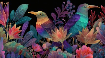 Obraz premium A warm and vibrant colored illustration of wild birds with bright borders and colorful floral elements on a dark background