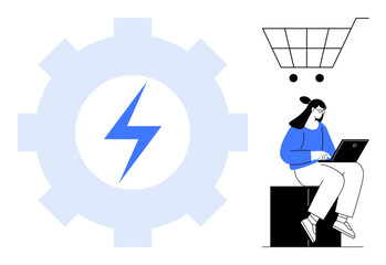 Woman using laptop near shopping cart, large gear with lightning symbol highlights speed. Ideal for e-commerce, automation, technology, productivity, innovation, online services efficiency. Simple
