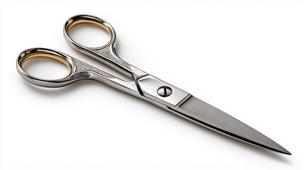 Obraz premium A pair of scissors rests isolated on a white background, showcasing sharp stainless steel blades and a sleek, functional design.