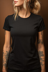 Apparel product photo. Woman wearing a black T-shirt; slim fit, sleeve tattoos - custom screen print blank tee shirt. Graphic design shirt print. Apparel photo, fashion. 