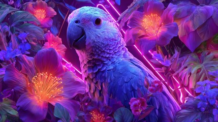 Image of a beautiful and colorful parrot surrounded by neon flowers and bright tropical elements. Wild animals. Beautiful and colorful birds