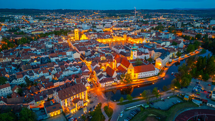 Fototapeta premium Sunset panorama of the main square in Ceske Budejovice, Czech re