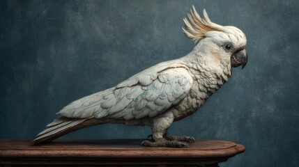 Image of a beautiful, realistic cockatoo with its crest up, standing on a rustic wooden surface