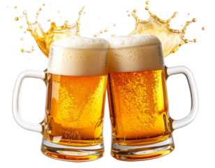 Two beer mugs with splash isolated on transparent background png