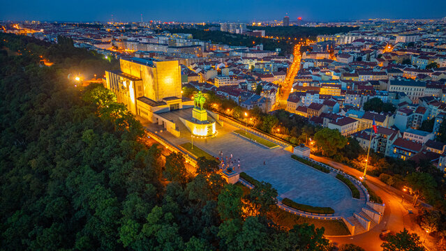 Sunset panorama view of Vitkov memorial in Prague, Czech republi