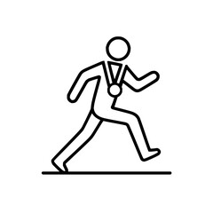 Running athlete winning marathon race with gold medal achievement in sports competition line art vector icon