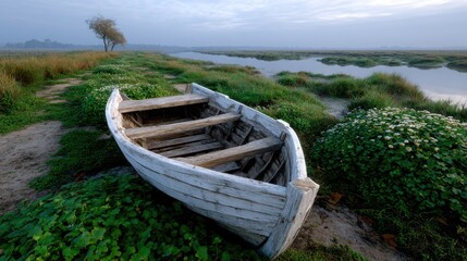 An old wooden boat lies abandoned on the shore surrounded by vibrant green grass and delicate flowers. The calm water reflects the soft light of dawn, creating a peaceful atmosphere
