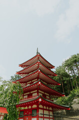Traditional Japanese pagoda under a blue sky. Travel to Japan. Chureito Pagoda