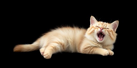 A fluffy ginger kitten lying on its side with its mouth open, either meowing or yawning.