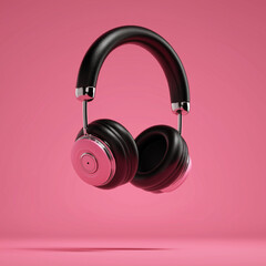 Floating black and pink headphones hover against a pink background, highlighting sleek design, vibrant colors, and modern audio style.