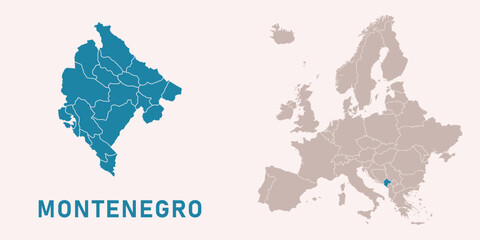 Obraz premium Map of Montenegro with administrative divisions and highlighted position on Europe map. Isolated on white background. Vector illustration.