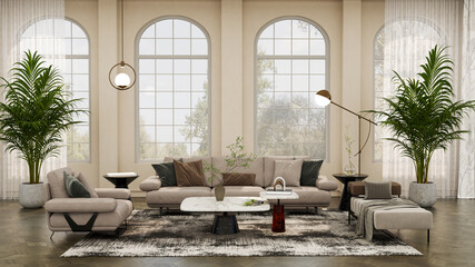 Large luxury modern bright interiors Living room mockup illustration 3D rendering image