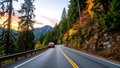 A winding mountain road leads through a vibrant autumn landscape, showcasing a vehicle in motion under a stunning sunrise.