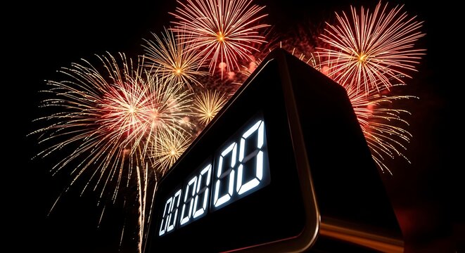 New Year Countdown Clock with Fireworks Display. - Powered by Adobe