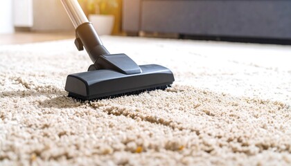 A vacuum cleaner head is shown positioned on a beige carpet, highlighting the process of cleaning and maintenance.