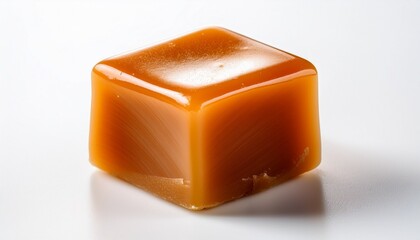 single salted caramel candy cube on white background the crystal milky piece of sugar represents indulgence wellbeing but also calories