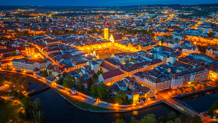 Obraz premium Sunset panorama of the main square in Ceske Budejovice, Czech re