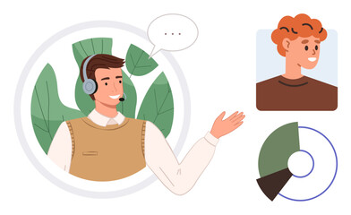 Customer support agent with headset interacting with client, speech bubble, and analytics chart. Ideal for customer service, communication, teamwork, online tools, tech support, data analysis