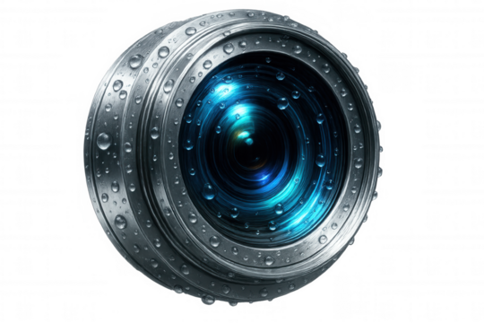 Close-up of a metallic camera lens covered with water droplets, showcasing intricate details and a transparent background