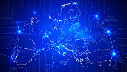 A digital representation of Europe's interconnected network, highlighting the intricate map structure with luminous points and circuit board patterns.