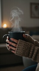 Naklejka premium A person's hands, adorned with a cozy cable-knit sweater, gently cup a steaming dark mug in a warmly lit, blurred indoor setting, conveying comfort.
