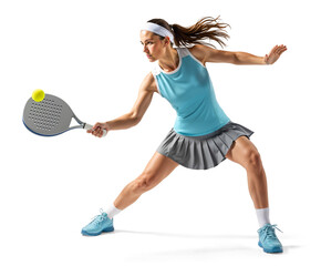 Obraz na płótnie Canvas Side view of an athletic female padel player in skirt lunging to hit the ball mid-game