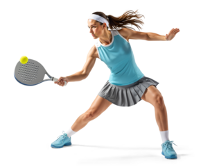 Side view of an athletic female padel player in skirt lunging to hit the ball mid-game