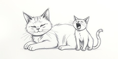 Obraz premium A sketch of two cats, a large one lying down and a small kitten yawning or meowing loudly.