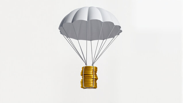 A stack of golden coins hangs from a parachute, slowly descending. This visual metaphor represents a safe financial landing, controlled spending, or a financial bailout. 