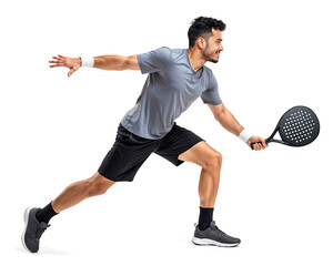 Side view of a padel player in motion to hit a ball on isolated transparent background