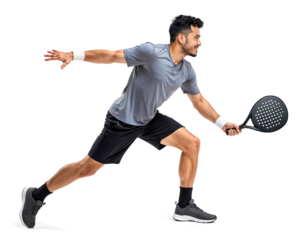 Side view of a padel player in motion to hit a ball on isolated transparent background