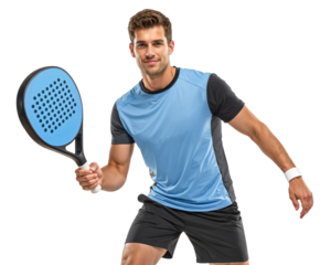 Portrait of a caucasian male holding a padel racket on isolated transparent background