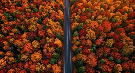 An empty straight asphalt road is perfectly centered, dividing a lush, dense forest with vibrant red, orange, and yellow autumn leaves seen from above.