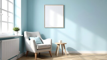 Scandy minimal interior with armchair, table, green plant and painting empty mock up