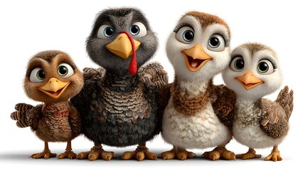 Obraz premium Family of turkeys celebrating Thanksgiving with joyful poses at a festive gathering in an autumn setting