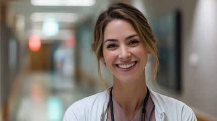 Smiling Female Doctor Standing in Hospital Corridor