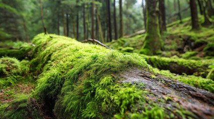 Lush green moss carpets a fallen log in the forest, creating a soft, vibrant, and naturally textured woodland scene.