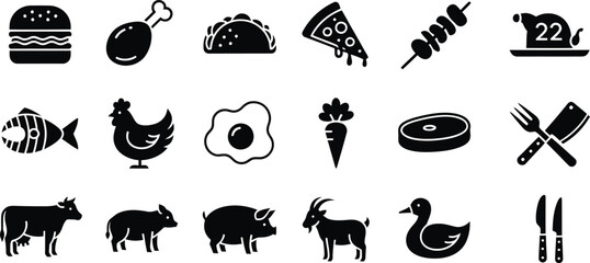A collection of black and white icons representing various food items and the farm animals they originate from.