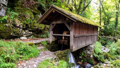 A rustic wooden water mill structure nestled within a lush, green forest setting.