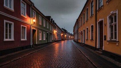 Fototapeta premium A dramatic shot of a narrow European cobblestone street at dusk, with buildings of various colors illuminated by warm streetlights. The wet street reflects the lights, creating a moody scene.