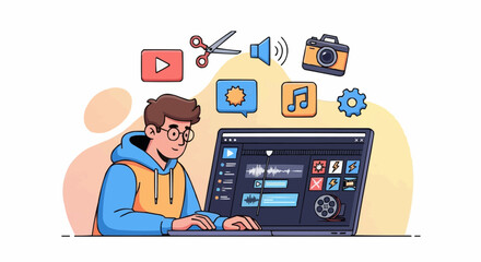 Fototapeta premium Content creator, digital influencer, stream vector video editing software tutorial for beginners and advanced users learn video editing techniques today
