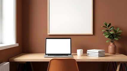 Stylish modern inrerior living room design, table, armchair, laptop with empty screen, white wooden frame for painting an wall mock up, green plant